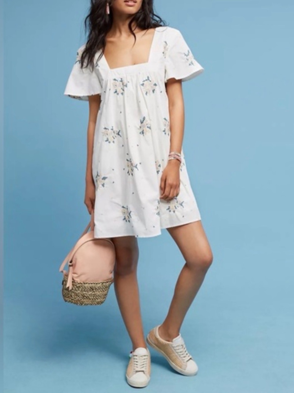 Anthropologie Maeve White Floral Embroidered Print Square Neck Mini Dress XL